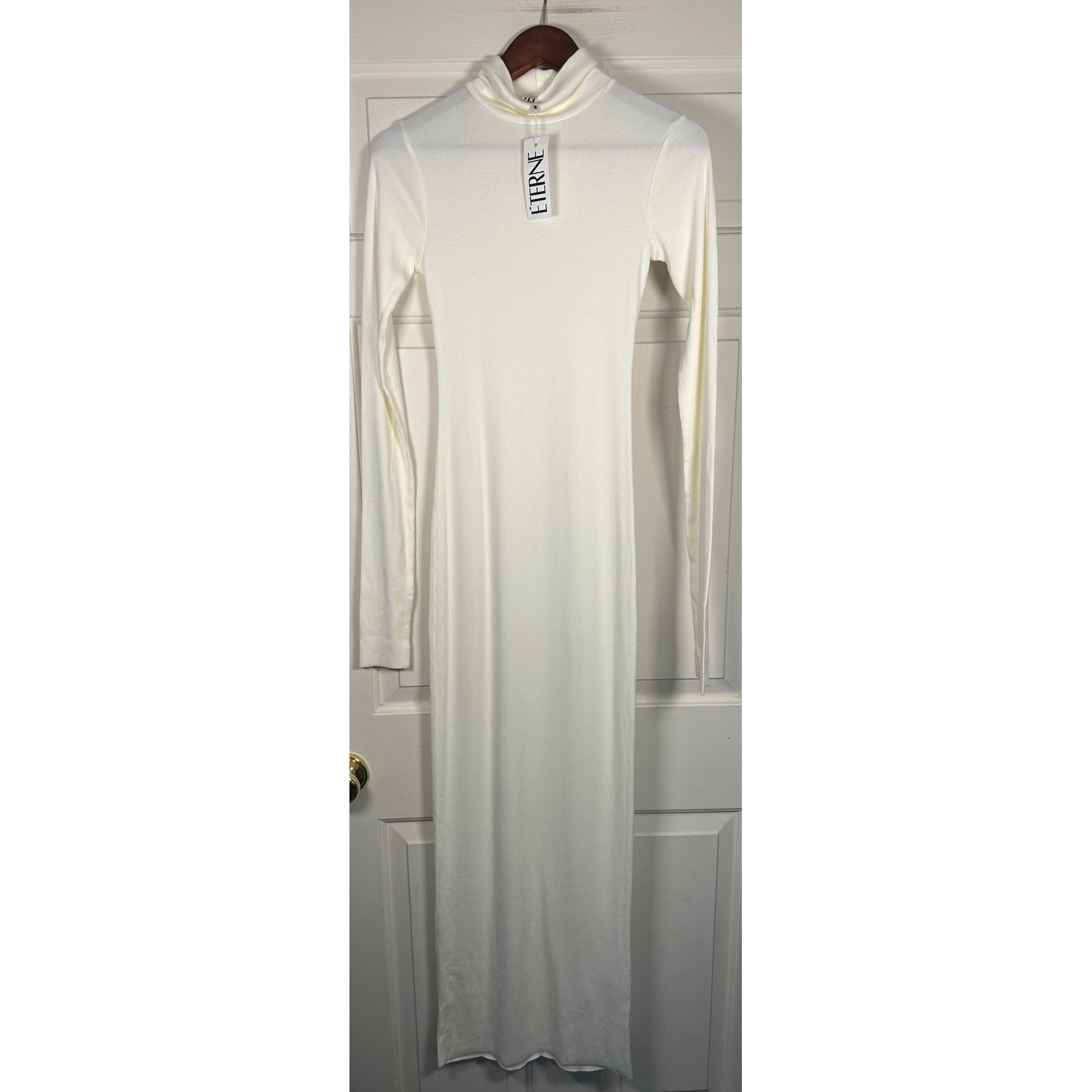 Eterne Turtleneck Maxi Dress Ivory Ribbed Knit Long Sleeves Size M Bodycon Nwt